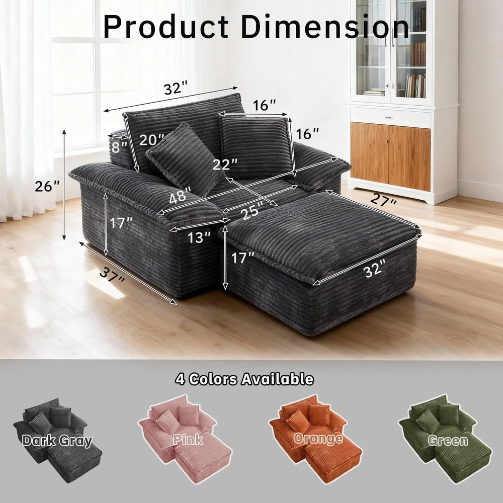 Saxum Oversized Corduroy Chaise Lounge with Ottoman - Boneless Cloud-Like Sofa Bed