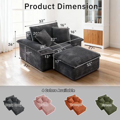 Saxum Oversized Corduroy Chaise Lounge with Ottoman - Boneless Cloud-Like Sofa Bed