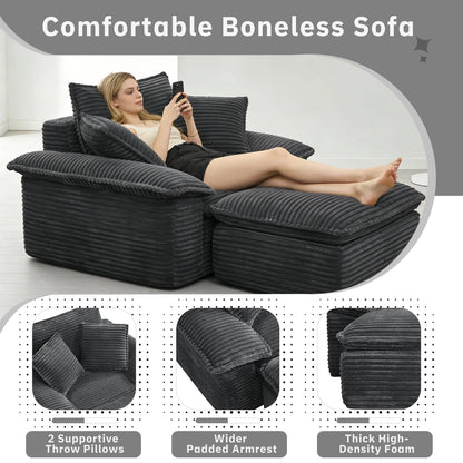 Saxum Oversized Corduroy Chaise Lounge with Ottoman - Boneless Cloud-Like Sofa Bed