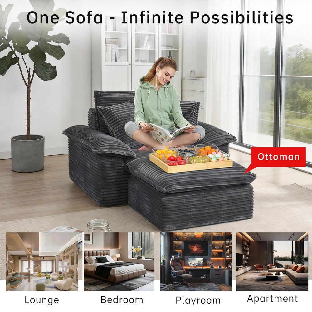Saxum Oversized Corduroy Chaise Lounge with Ottoman - Boneless Cloud-Like Sofa Bed