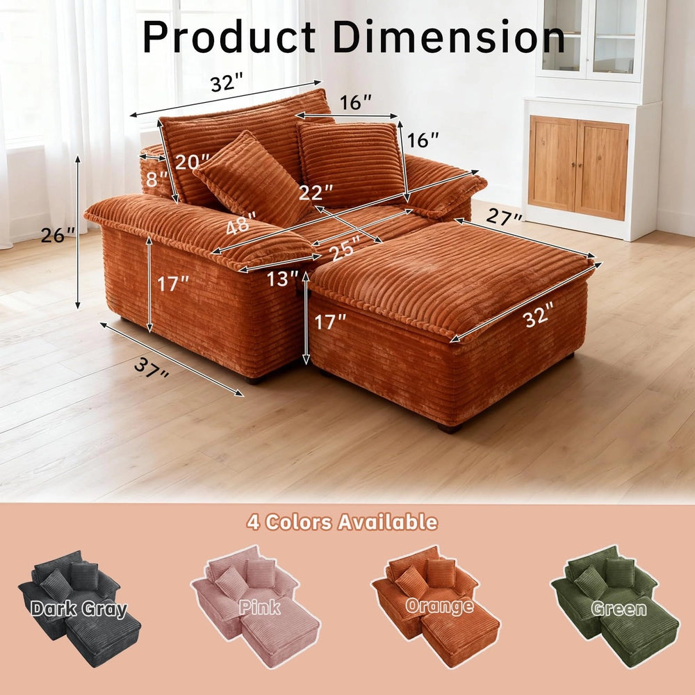 Saxum Oversized Corduroy Chaise Lounge with Ottoman - Boneless Cloud-Like Sofa Bed