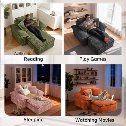 Saxum Oversized Corduroy Chaise Lounge with Ottoman - Boneless Cloud-Like Sofa Bed