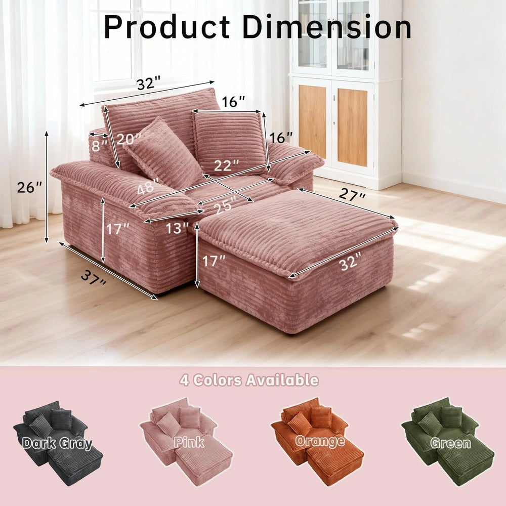 Saxum Oversized Corduroy Chaise Lounge with Ottoman - Boneless Cloud-Like Sofa Bed