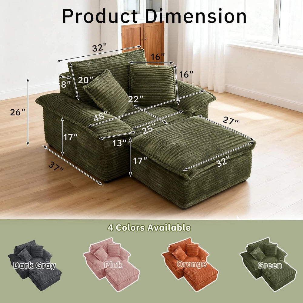 Saxum Oversized Corduroy Chaise Lounge with Ottoman - Boneless Cloud-Like Sofa Bed