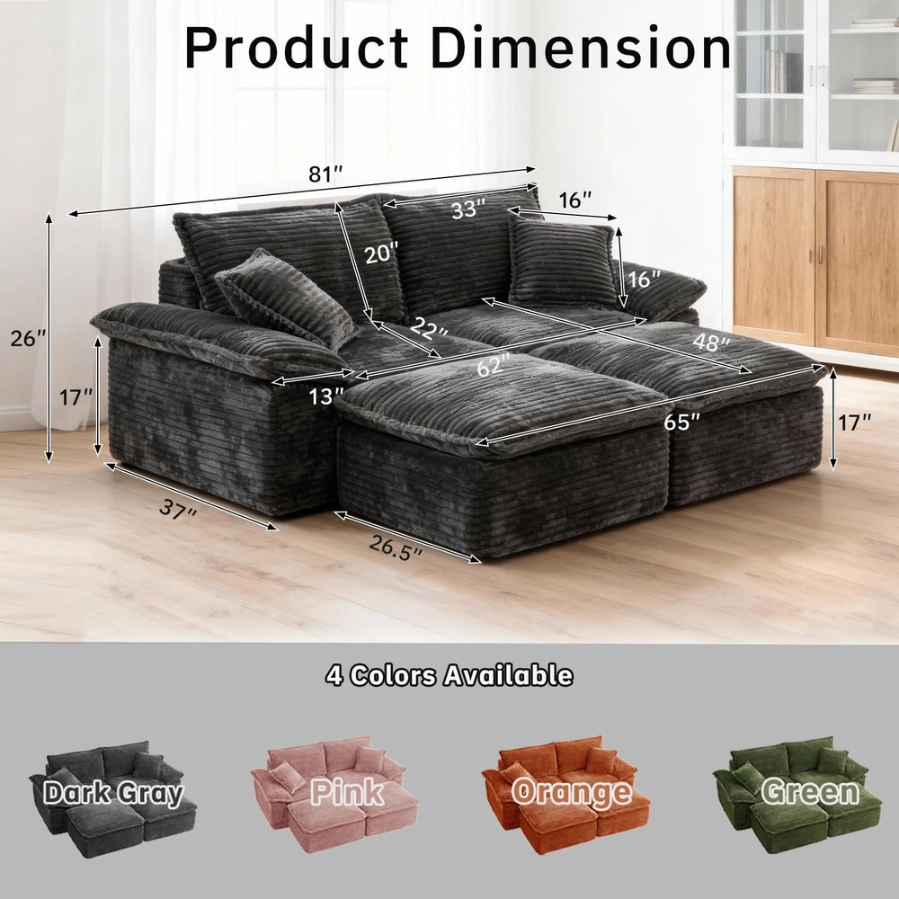 Saxum Oversized Corduroy Chaise Lounge with Ottoman - Boneless Cloud-Like Sofa Bed