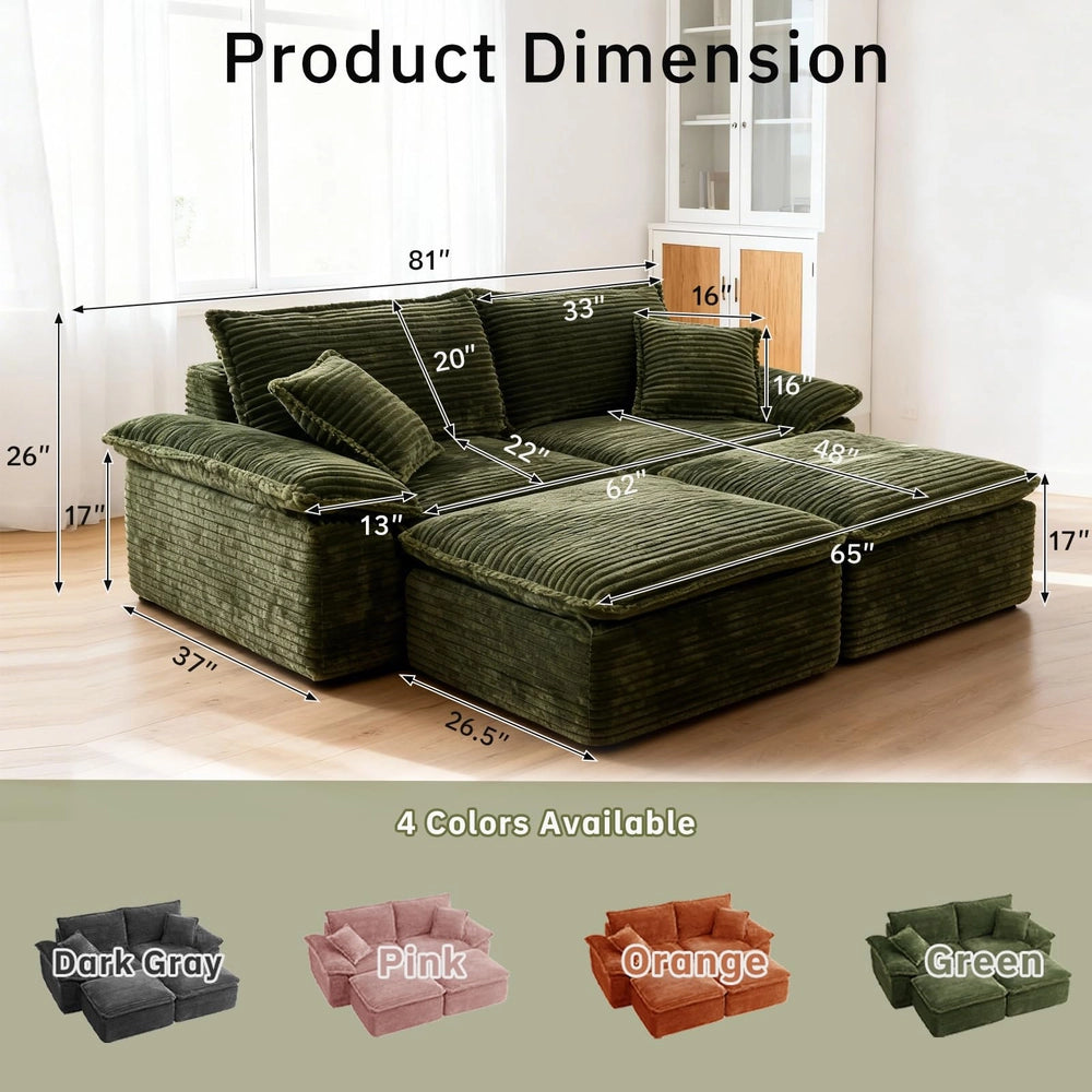 Saxum Oversized Corduroy Chaise Lounge with Ottoman - Boneless Cloud-Like Sofa Bed